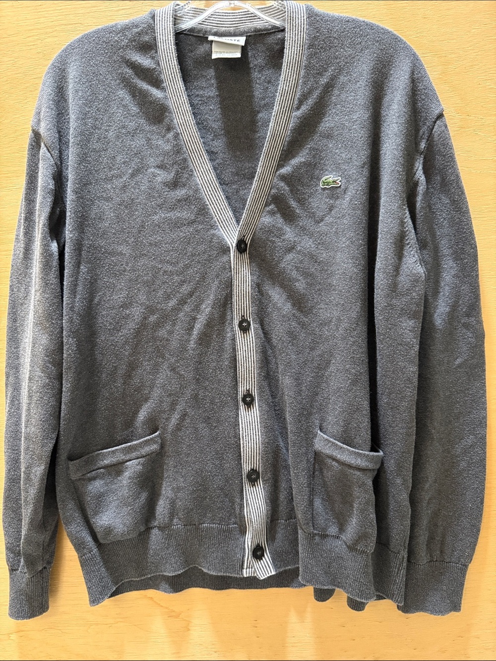 Lacoste Men's Charcoal Gray V-Neck Cardigan size 7 = 2XL Contrast Trim & pockets